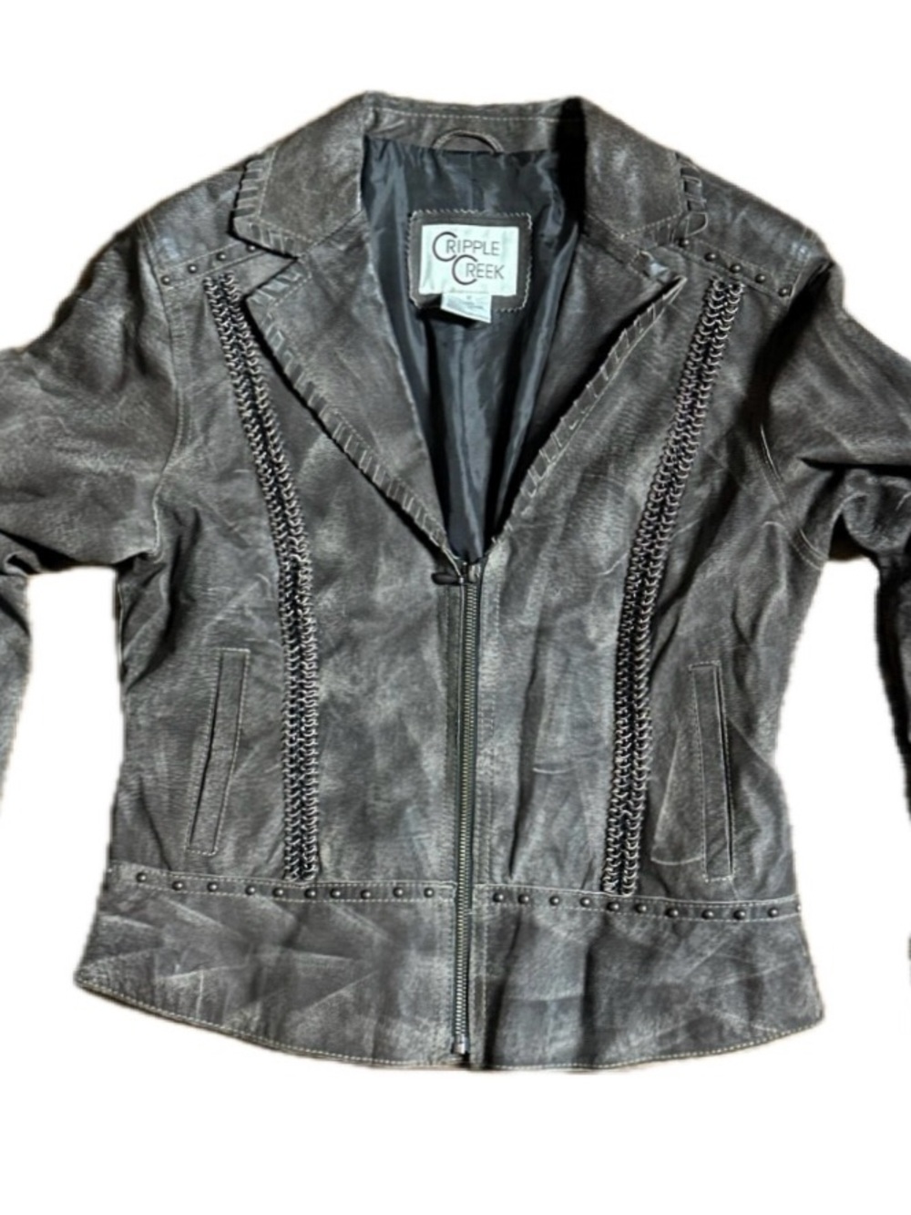 Cripple Creek ~ Women’s Medium ~ Brown Leather W/ Gold & Bronze Chains Jacket